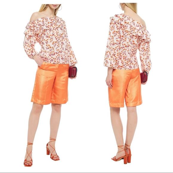 MAJE Laurane one-shoulder ruffled metallic fil coupé floral-jacquard top size 2